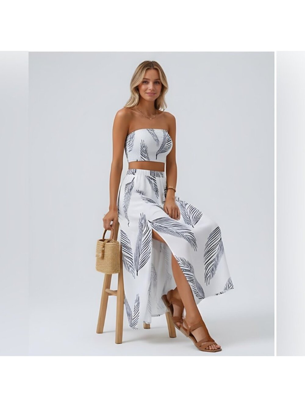 Boho White Tropical Print Tube Top & Split Thigh Skirt* - Picture 3 of 10